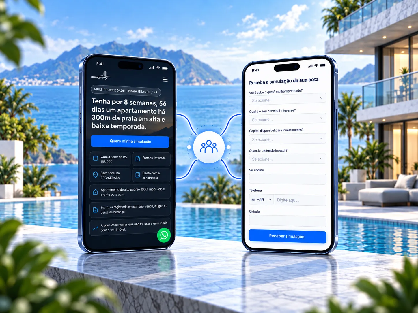 Landing page do Priority Residence e formulário de simulação exibidos em celulares