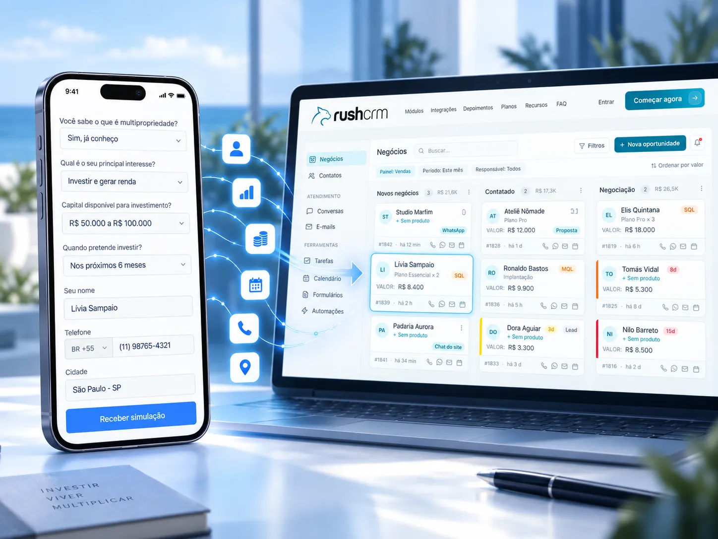 Formulário de simulação do Priority Residence integrado ao painel de negócios do RushCRM
