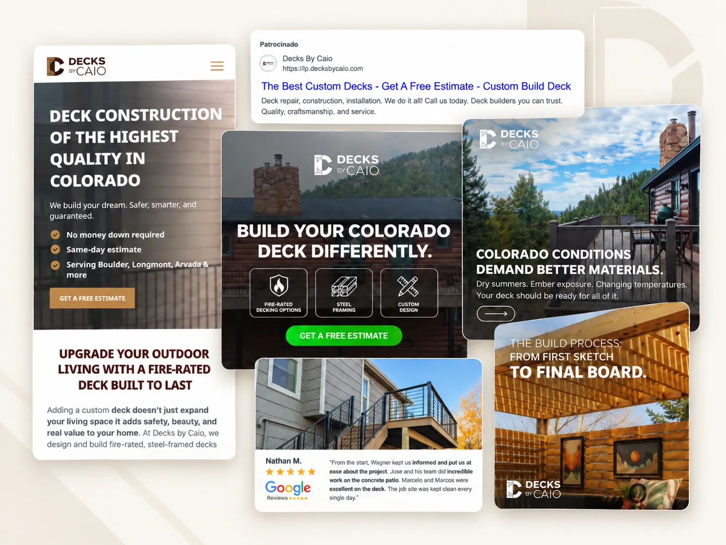 Landing page, anúncios, avaliações e criativos da Decks by Caio
