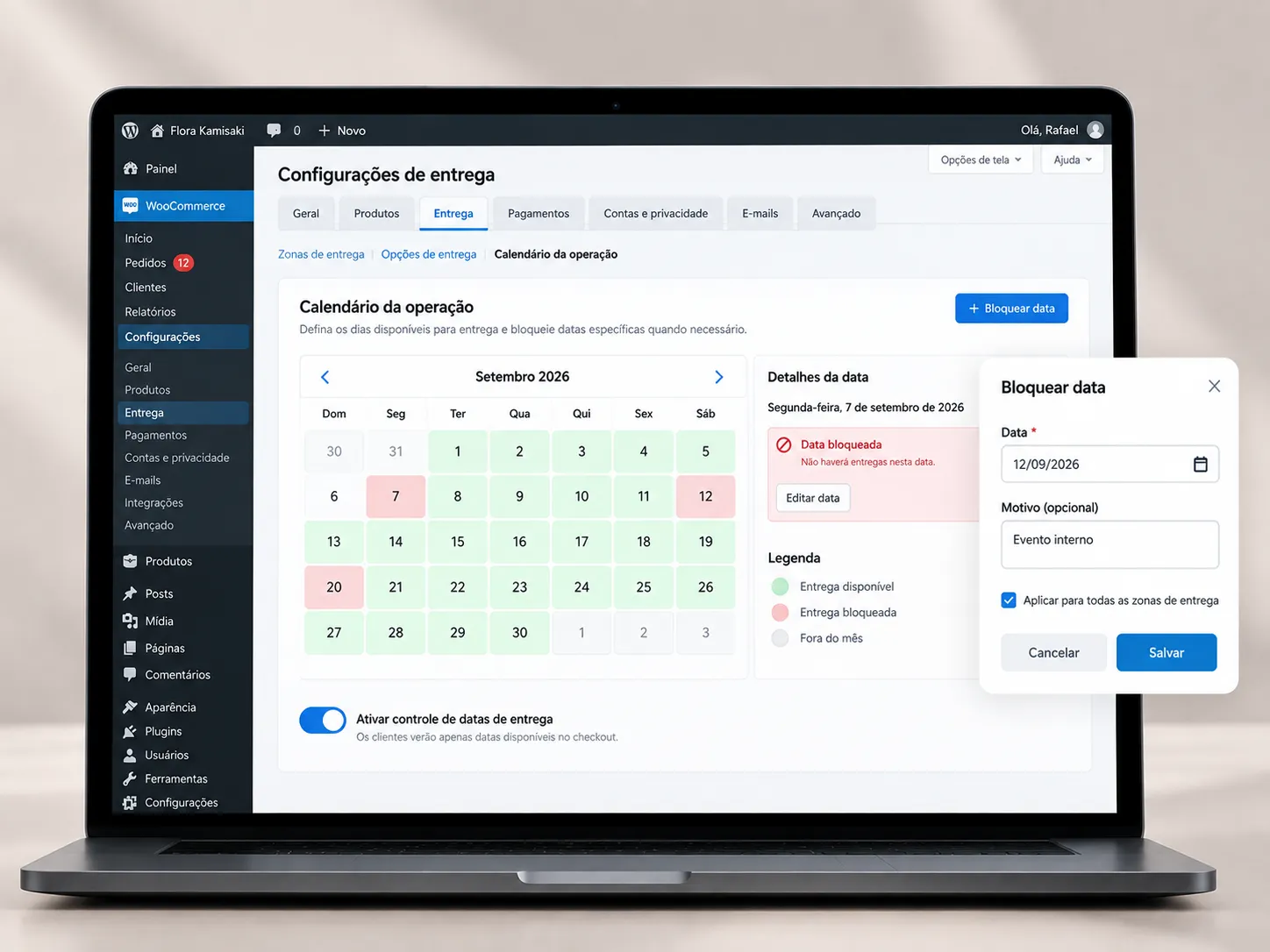 Painel da Flora Kamisaki com calendário de datas disponíveis e bloqueadas
