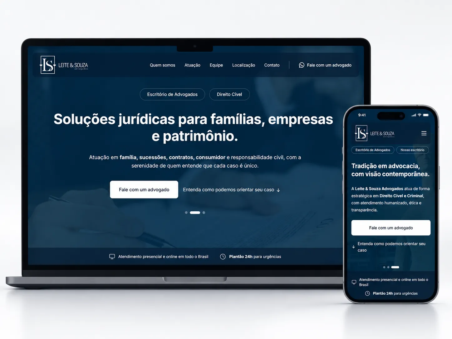 Site da Leite & Souza Advocacia em tela de computador e de celular, lado a lado