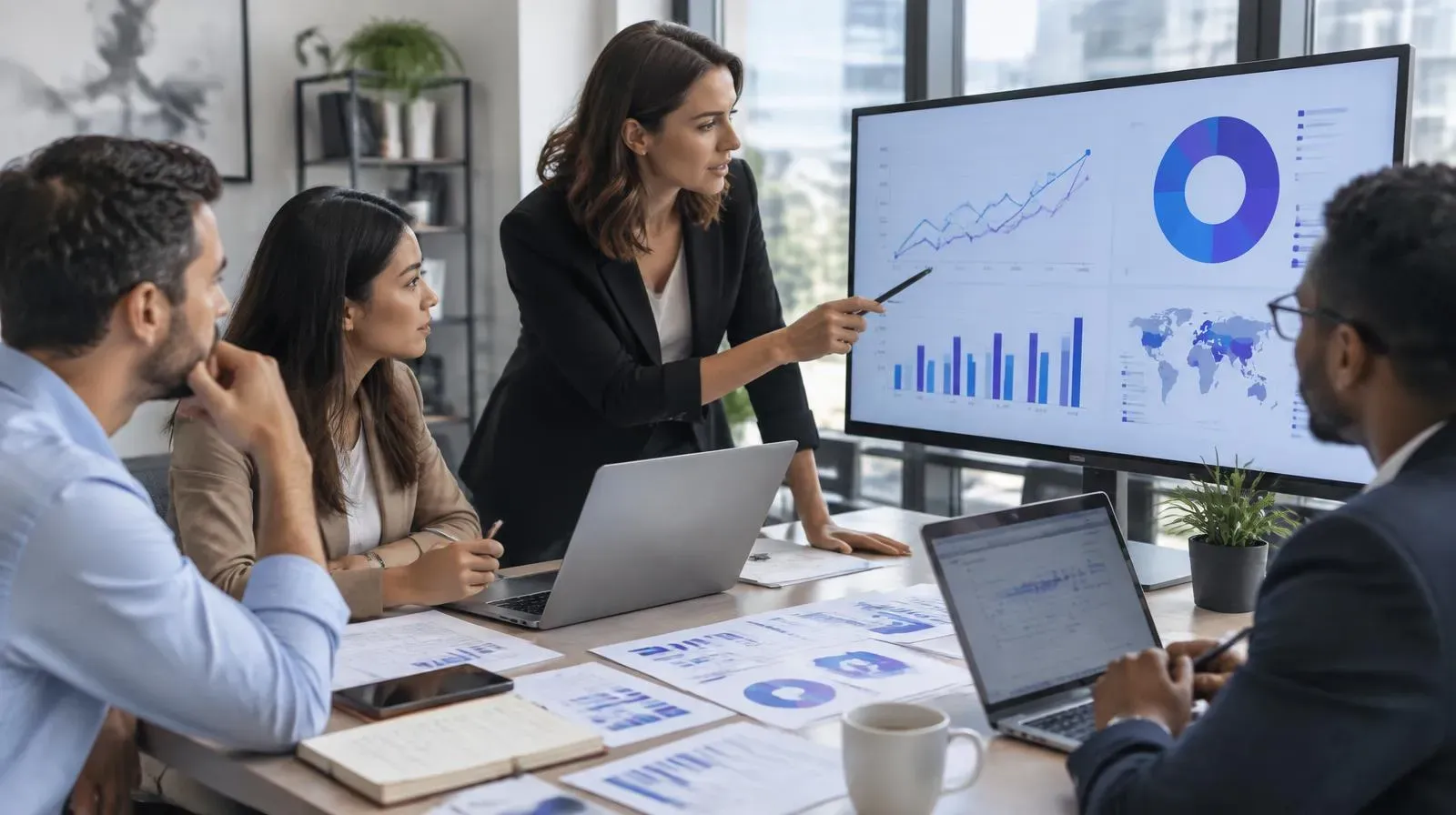 Equipe analisando campanhas, dados e jornadas para planejar as tendências de marketing digital em 2026.