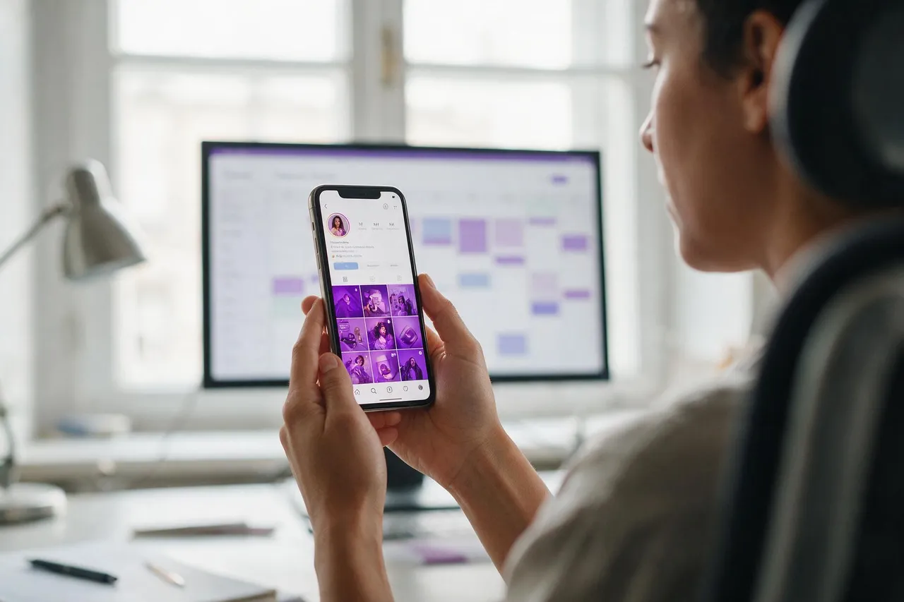 Profissional analisando perfil de rede social em celular, com calendário editorial em tela no fundo