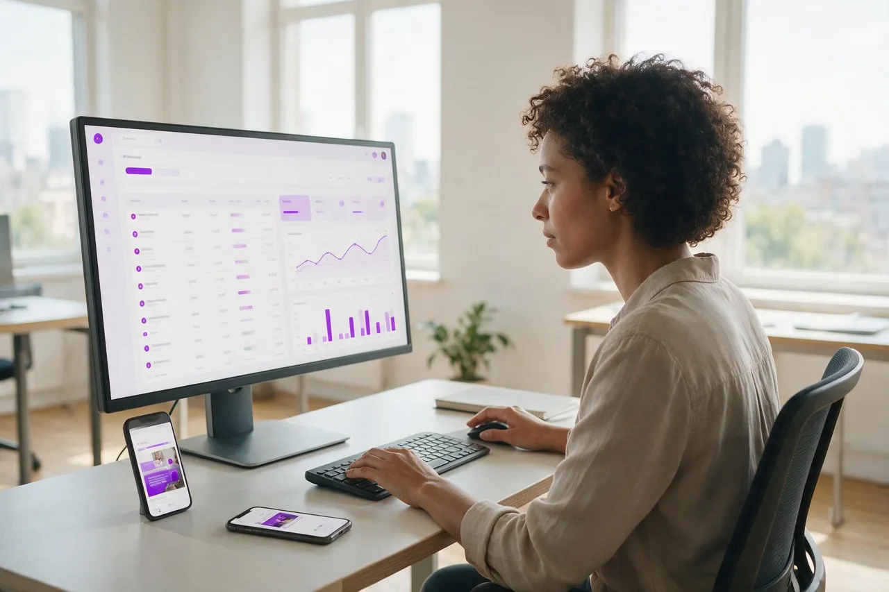 Profissional analisando painel de tráfego pago em tela de computador e dispositivos móveis